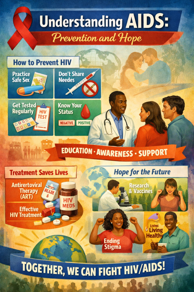 Infographic on Understanding AIDS: shows red ribbon, healthcare worker, diverse people, HIV prevention tips, testing, treatment, and hope.